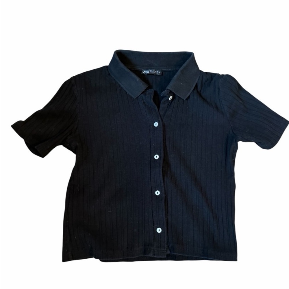 ZARA Black Cotton Collared Short Sleeve Button Knit Top Women’s Regular
